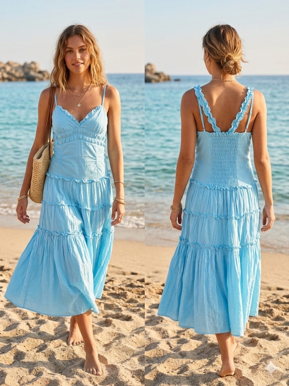 Sky blue smocked tiered ruffle, midi sundress-sm-medium -A+